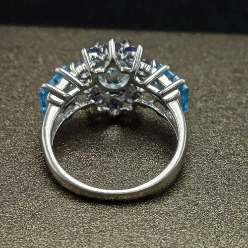 Ring Sterling Silver 925 Blue Topaz & Tanzanite Flower Oval Cut Gemstone Size 6 - Picture 6 of 10