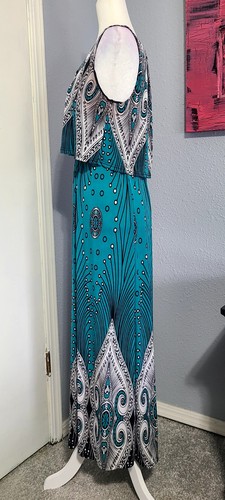 Teal Blue & White Pop Over Maxi Dress Paisly Print Size M Sleeveless AceFashion - Picture 5 of 11