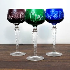 Lot of 3 - Lausitzer Cut to Clear 7 1/2" Hock Wine Glasses Blue Green Amethyst