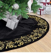 Victorian Velvet Christmas Tree Skirt with Gold Damask 72-Inch Black