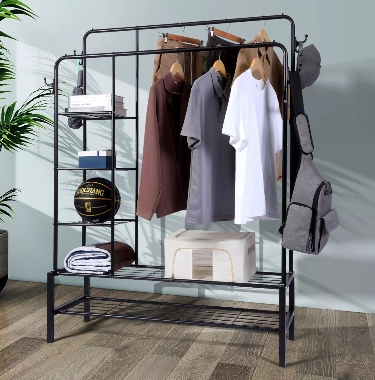 Heavy Duty Double Clothes Rail 120KG Load Cloth Rack With Shelves & Shoe Stand