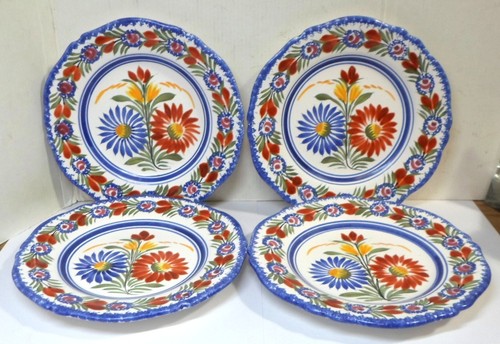 Set of 4 Vintage HENRIOT QUIMPER SALAD PLATES - BLUE RED & YELLOW FLOWERS 7" D