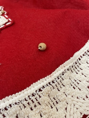 Vintage 48” Tree Skirt, Red Felt, Crochet Snowflakes, Wood Beads, Crochet Trim - Picture 3 of 5