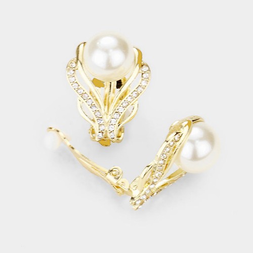 Vintage clip on gold and white pearl flower cut necklace and earring set - Picture 2 of 4
