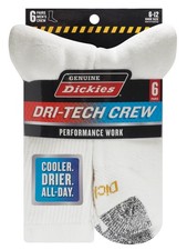 Dickies Men's Dri-Tech Crew Sock, 6 Pack, Solid White Sizes 6-12