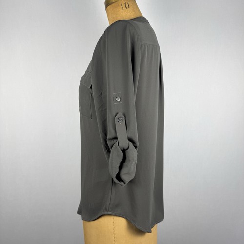 Express Portofino Zip Blouse XS Gray Roll Tab Sleeve V Neck Pocket Career Top - Picture 3 of 7