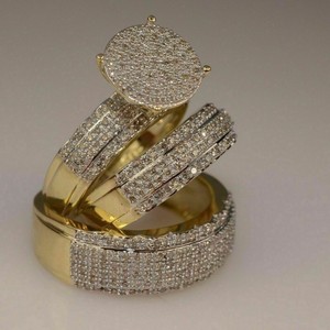 Trio His Her Bridal Engagement Ring Set Diamond Cut Wedding 14K Yellow Gold Over