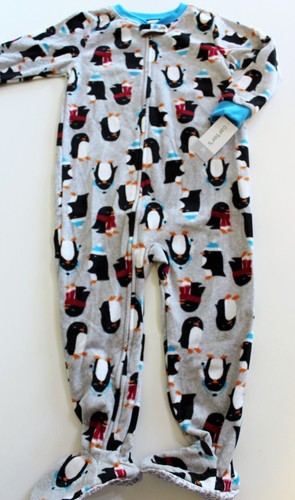 Carter's Boy Fleece Footie Pajama Sleeper Size 5 Gray Blue Red Winter Penguins - Picture 1 of 4