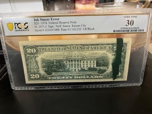 1974 $20.00 Federal Reserve Note (HEAVY Ink Smear Error) PCGS Very Fine 30 - Picture 2 of 3