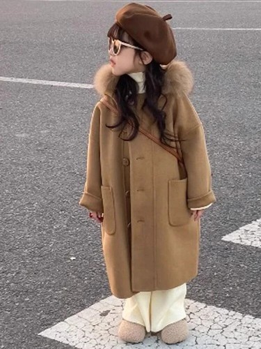 Wool Hooded Overcoat Autumn Spring New Children Clothing Button Pocket
