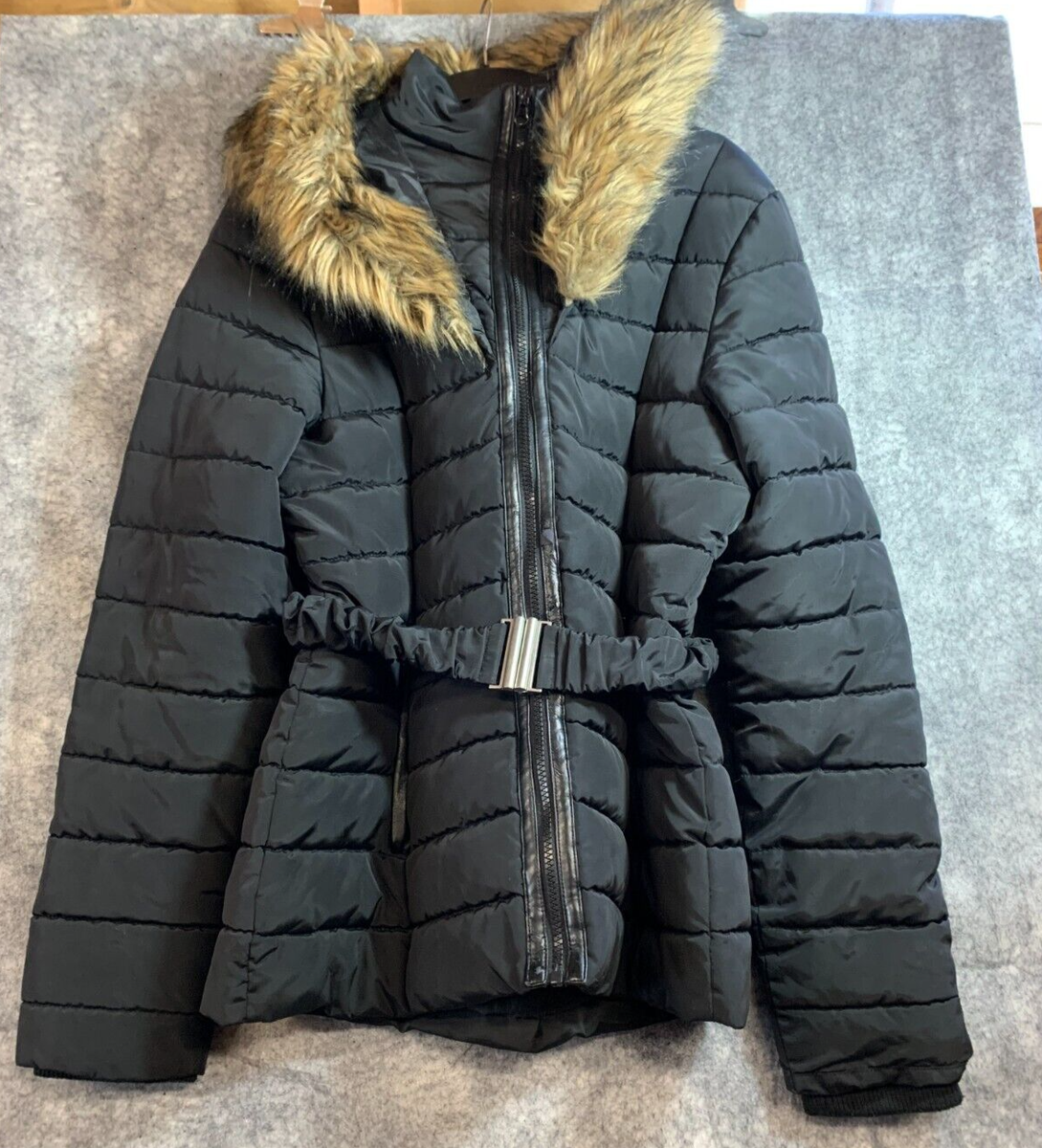 Firetrap Ladies Black Puffer Jacket Size 12 With Faux-Fur Lined