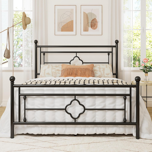 Queen Size Metal Platform Bed Frame with Victorian Vintage Headboard and Footboa