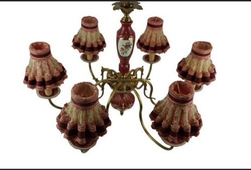 Antique Large Pink Chandelier, Brass Chandelier With Red Ceramic Decoration - Picture 3 of 10