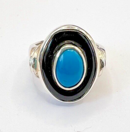 Beautiful Oval Shape Black Onyx and Turquoise Ring Studded in St. Silver, Size W - Picture 2 of 8