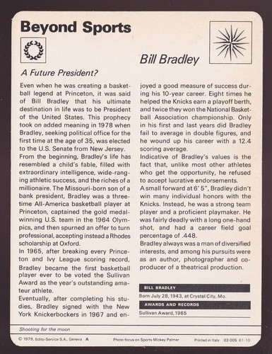 BILL BRADLEY New York Knicks Basketball Politics 1979 SPORTSCASTER CARD #61-10A - Picture 2 of 2