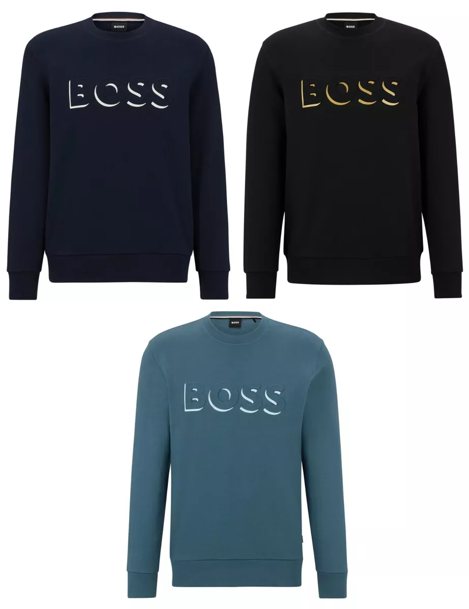 HUGO BOSS 100% Organic Cotton Embossed Logo Sweatshirt Black/Turquoise/Dark  Blue