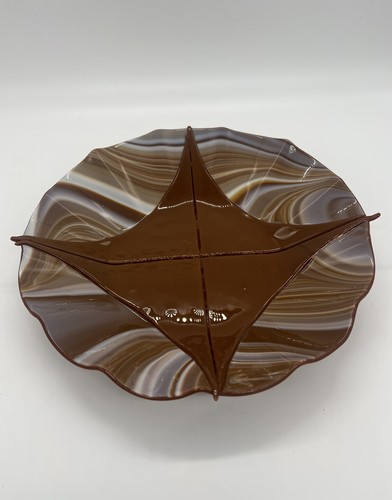 Vintage Tan White Slag Art Glass Platter Tray Plate Trinket Change Dish Catchall - Picture 10 of 13