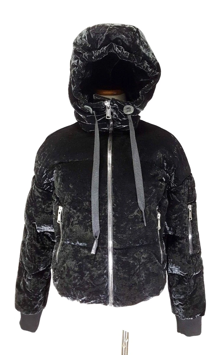 Andrew Marc Womens Black Velvet Hooded Puffer Down Jacket Size S