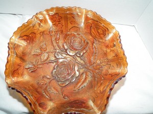IMPERIAL-OPEN-ROSE-MARIGOLD-CARNIVAL-GLASS-FOOTED-RUFFLED-EDGE-BOWL-8-25-INCHES