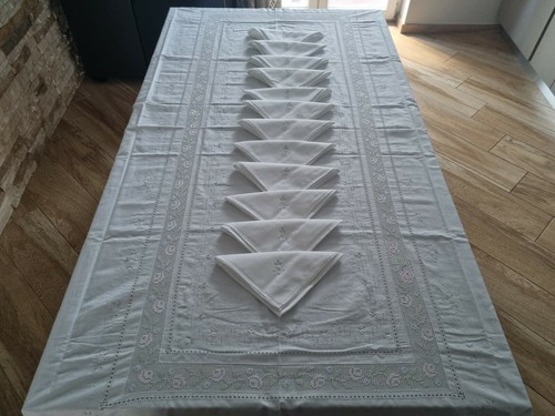 Tovaglia x12 Misto lino (40%Lino 60%Cotone) ricamo sfilato e punto pieno a mano - Foto 10 di 12