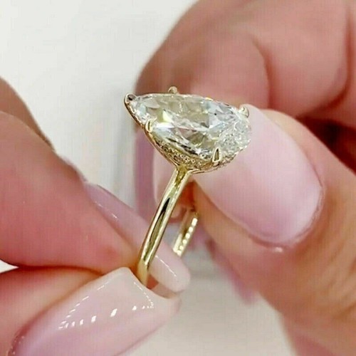 3 Ct Pear Cut Solitaire Lab-Created Diamond Ring In 14k Yellow Gold Plated - Picture 4 of 5