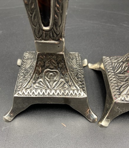 Vintage Silver Metal and Amber Glass Candlestick Holders - Picture 6 of 17