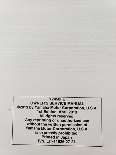 Yamaha 2014 YZ450FE Factory Service Manual 2 - Picture 2 of 11