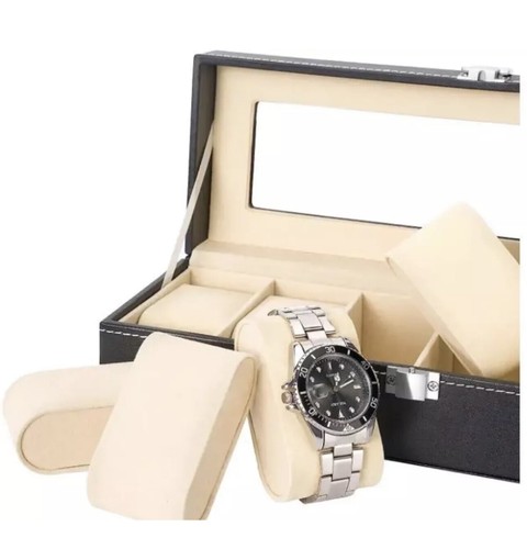Porta Orologi Uomo a 6 Scomparti Coperchio Vetro espositore ECOPELLE MDF VELLUTO - Foto 2 di 15