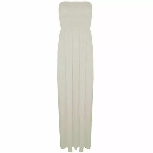 WOMENS LADIES PLAIN SHEERING GATHER BOOBTUBE STRAPLESS BANDEAU LONG MAXI DRESS - Picture 19 of 24