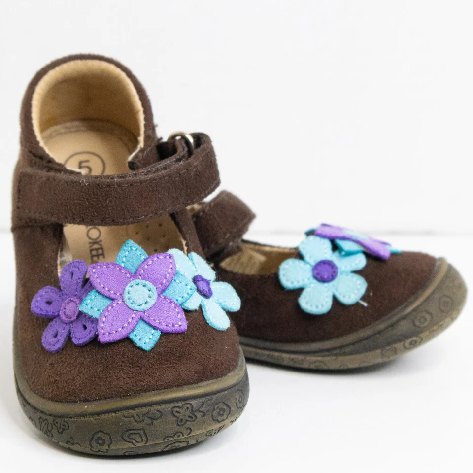 Zapatos Cherokee Marrón Gamuza con Flores Púrpura y Azul Mary Janes Talla 05 Foto 2 de 4