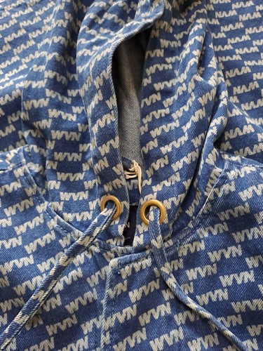 Cappotto uomo con cappuccio blu denim sfoderato logo waven Homer taglia M nuovo con etichette prezzo di listino £ 145 - Foto 15 di 19