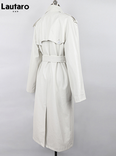 Herbst langer Oversize schwarzer Kunstleder Trenchcoat Gürtel zweireihig locker - Bild 4 von 26