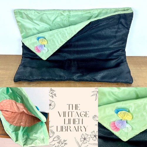 Vintage 1950s Pyjama Nighty Case 15 X 12 Inches Black Satin Green Flower