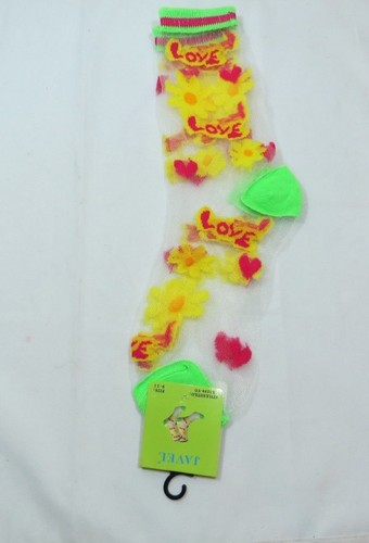 Womens Floral Hearts Love Yellow SHEER Fashion Crew Socks size 9-11 Lime Trim  - Picture 3 of 3