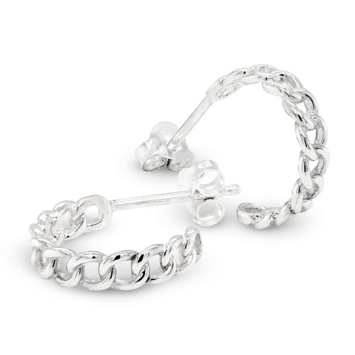 Curb Chain Curved Loop Sterling Silver 925 Stud Earrings - Picture 4 of 7