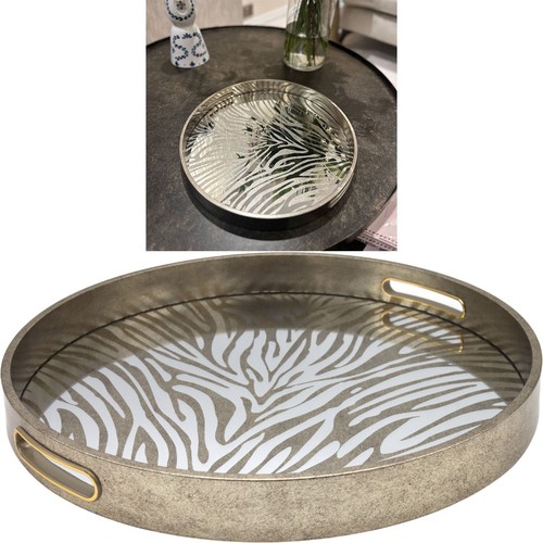 Silver Round Decor Zebra Home Kitchen Serving Drinks Candle Coffee Table Tray - Picture 10 of 11