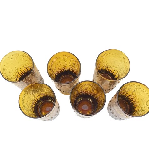 Anthropologie Bicchiere in Vetro Ambrato Fleur De Lis 6 1/4" Alto 20 Oz - Set di 6 - Foto 7 di 9