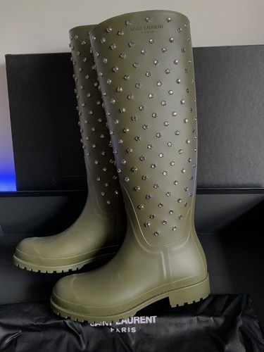 Saint Laurent Women Olive Green Rubber Rain Boots w/diamond Studs 36 - Picture 15 of 15