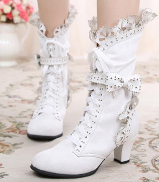 Womens Lace Ankle Boots Bow Bow Bow High Heel Lace Up Sweet Lolita Party High Top shoes 57d737 Womens Lace Ankle Boots Bow Bow Bow High Heel Lace Up Sweet Lolita Party High Top shoes 57d737