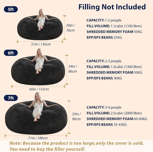 Giant Bean Bag Chair Cover With 290GSM Calming Plush Washable Cover, 5 ft Black - Picture 2 of 7