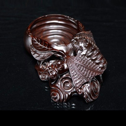 Natural Ebony Wood Carved Bat Ashtray Sculpture Table Decor - Picture 3 of 4