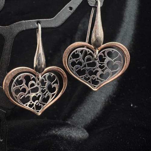 NOMINATION - STERLING SILVER + GOLD TONE HEART DANGLE EARRINGS - Picture 1 of 7