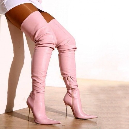 Women Pointed Toe Metal Stiletto High Heels Nightclub Boots Over The Knee Boots - Picture 4 of 7