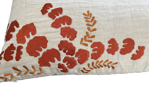 Pillow Bliss 24” Crewel Embroidery Natural Linen Orange Leaves Down Feather - Picture 2 of 5