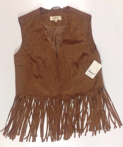 NEW WILDFLOWER Womens Faux Brown Suede Fringe Vest Size Small Biker Jacket  $119 - Picture 1 of 11