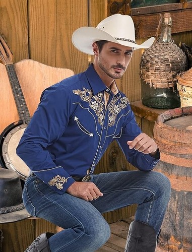 NWT EL PIONERO western pearl snap MENS LARGE NAVY EMBROIDERED long sleeve shirt - Picture 2 of 11