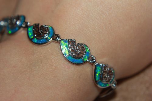 inlaid blue lab fire opal silver plate bracelet jewelry evening cocktail design - Picture 1 of 11