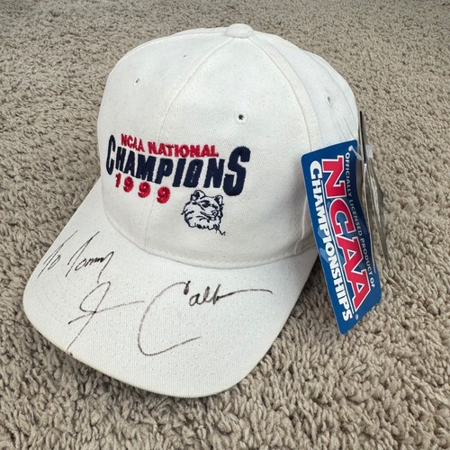 Vtg Starter UConn Huskies Hat National Champions 1999 White Calhoun Autographed