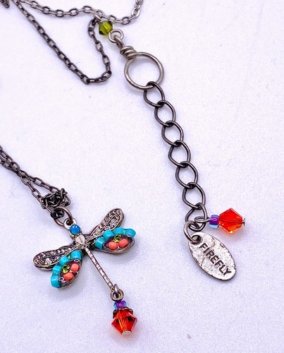 Dragonfly Necklace by FIREFLY bedazzled w/  red purple & turquoise beads, Silver - Picture 3 of 3