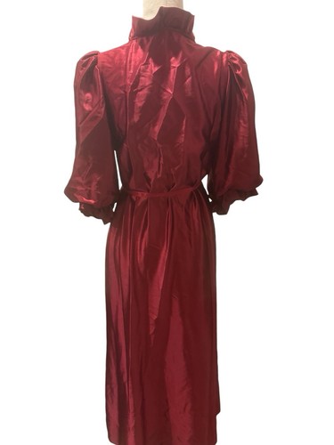 Boudoir Satin Dressing Gown Robe Small Maroon Red Ruffled 70s - Picture 3 of 4